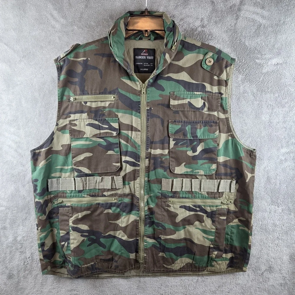 Rothco Ranger Vest Woodland Jungle Camo Full Zip Utility Stowaway Hood Men XL